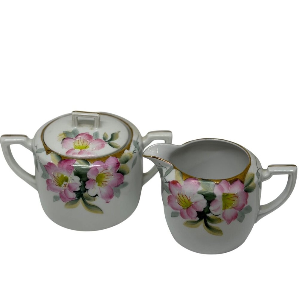 Vintage‎ Noritake Azalea Sugar Bowl & Creamer Set Pink Floral Hand Painted Japan